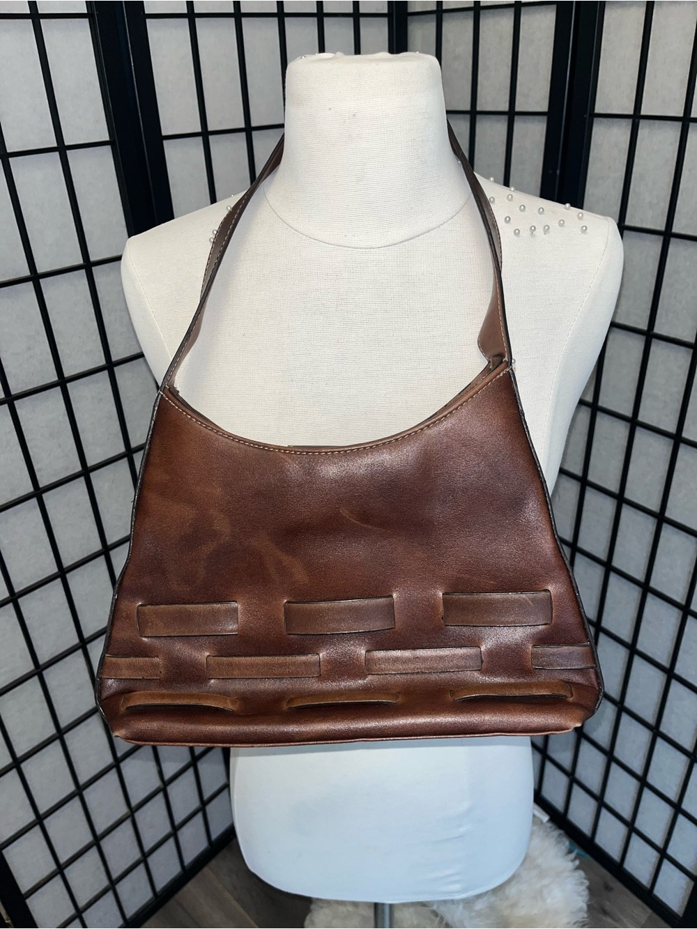 Nine West Brown Leather Shoulder Bag with Woven Accent